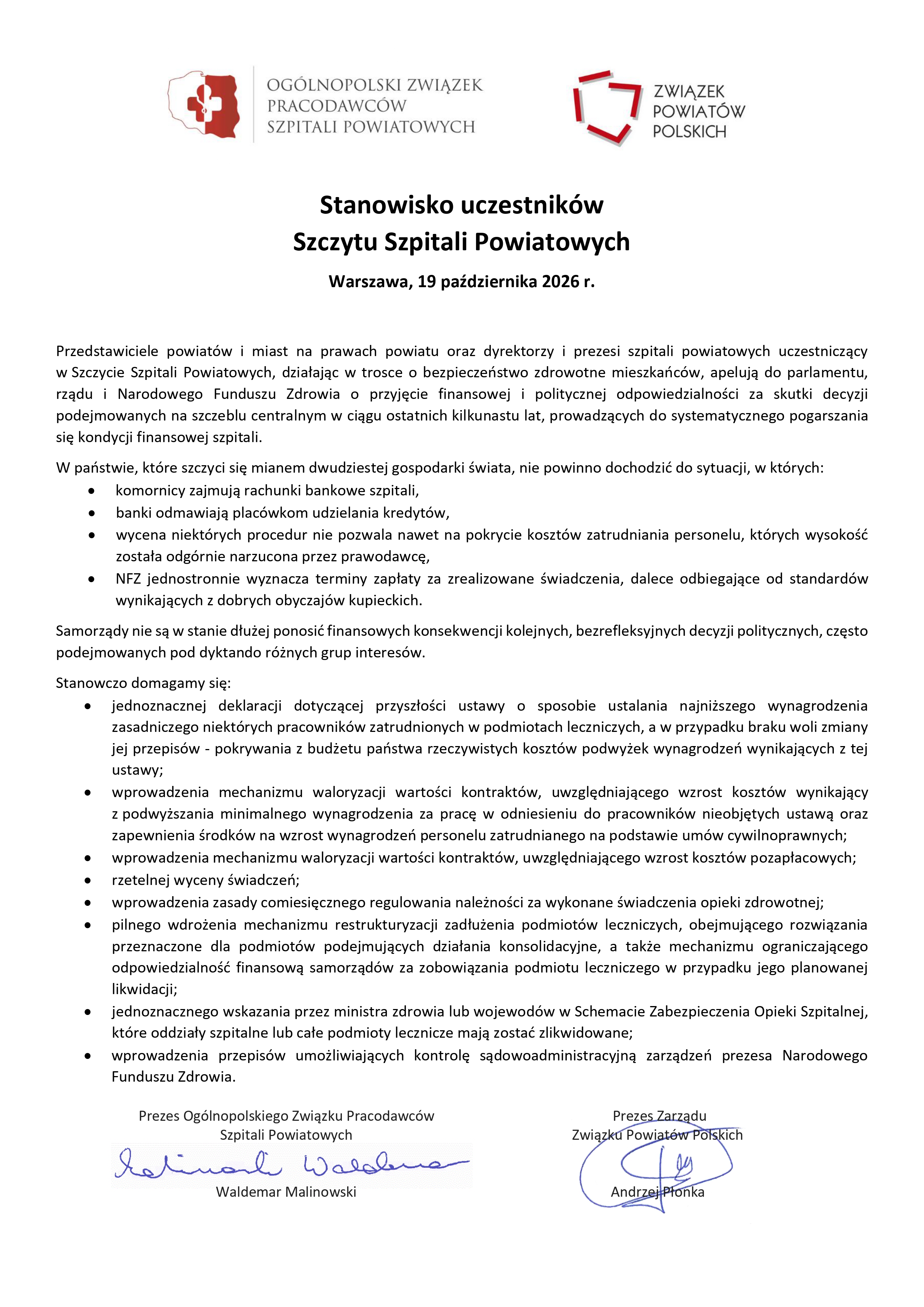Stanowisko uczestnik&oacute;w szczytu szpitali powiatowych z&nbsp;dnia 19 października 2026 r-