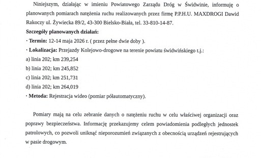 informacja o planowanych pomiarach natężenia ruchu na przejazdach kolejowo-drogowych w dniach 12-14 maja 2026