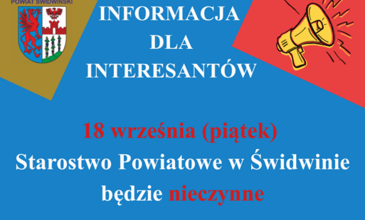 Informacja dla interesantów, herb powiatu, megafon na niebieskim tle