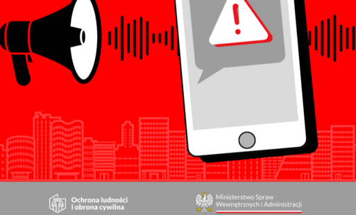 megafon z telefonem komórkowym na czerwonym tle. Logotypy: ochrona ludności i obrona cywilna oraz Ministerstwa Spraw Wewnętrznych i Administracji 